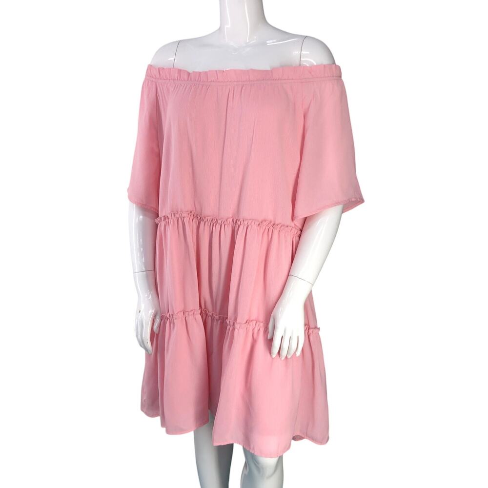 Andrée By Unit Dress Womens 1X Pink Off Shoulder Tiered Babydoll Short Sleeve